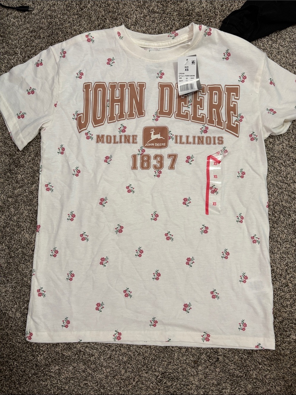 John Deere Cream Short-Sleeve Tee with Pink Floral Print